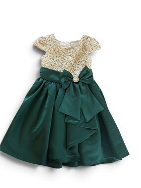 Rare Edition girls Gold Lace & Emerald Green Bow Party Dress size 5